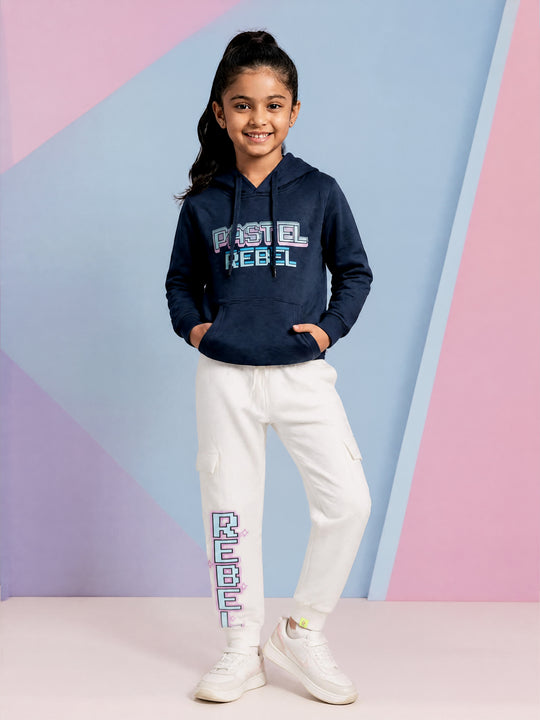 Kiddopanti Girls Cotton Blend Fleece Full Sleeves Hooded Sweatshirt & Graphic Printed  Cargo Track Pants Set