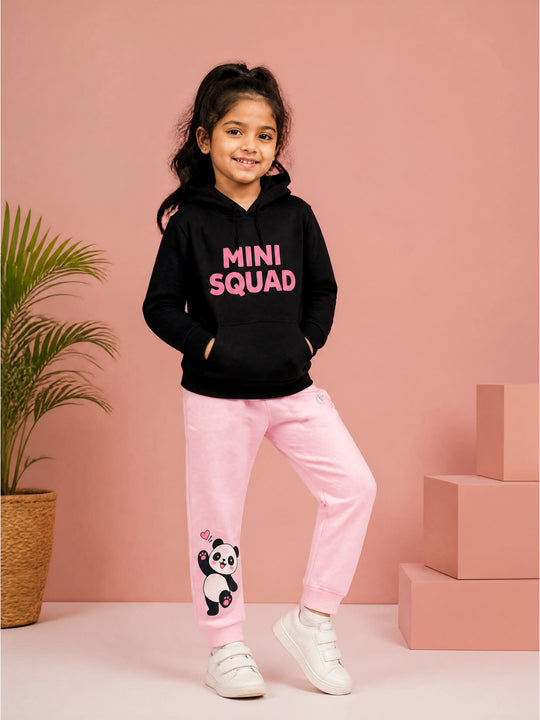Kiddopanti Girls Cotton Blend Fleece Full Sleeves Hooded Sweatshirt & Graphic Printed Track Pants Set