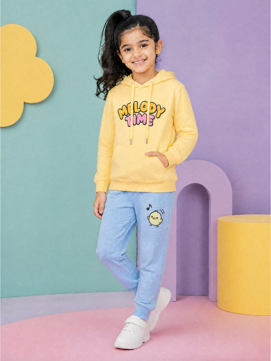 Kiddopanti Girls Cotton Blend Fleece Full Sleeves Hooded Sweatshirt & Graphic Printed Track Pants Set