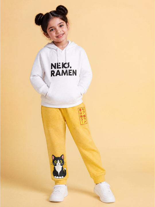 Kiddopanti Girls Cotton Blend Fleece Full Sleeves Hooded Sweatshirt & Graphic Printed Track Pants Set