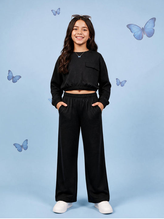 Kiddopanti Girls Cotton Fleece Solid Crop Sweatshirt with Front Flap Pocket & Pintuck Wide Leg Track Pants Co-ord Set
