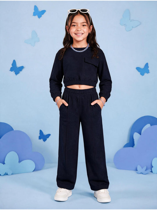 Kiddopanti Girls Cotton Fleece Solid Crop Sweatshirt with Front Flap Pocket & Pintuck Wide Leg Track Pants Co-ord Set