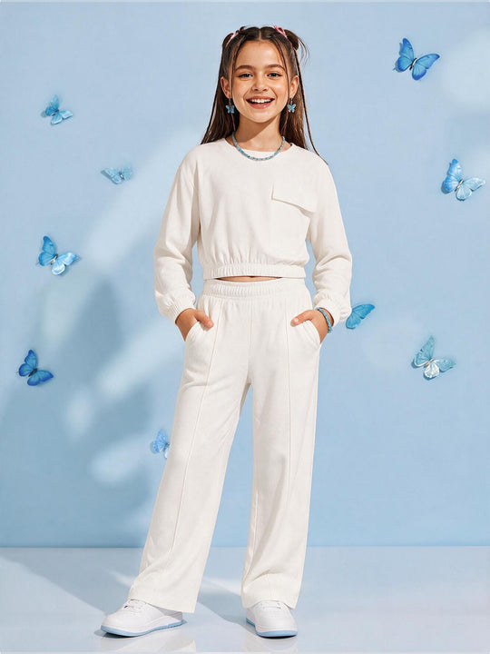 Kiddopanti Girls Cotton Fleece Solid Crop Sweatshirt with Front Flap Pocket & Pintuck Wide Leg Track Pants Co-ord Set