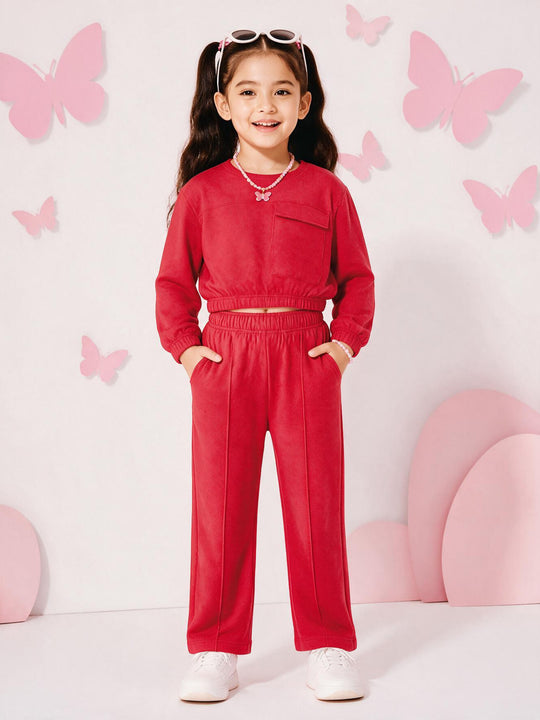 Kiddopanti Girls Cotton Fleece Solid Crop Sweatshirt with Front Flap Pocket & Pintuck Wide Leg Track Pants Co-ord Set