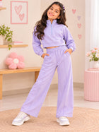 Kiddopanti Girls Cotton Blend Fleece Half Zip Crop-Length Solid Sweatshirt & Pintuck Wide Leg Track Pants Co-ord Set