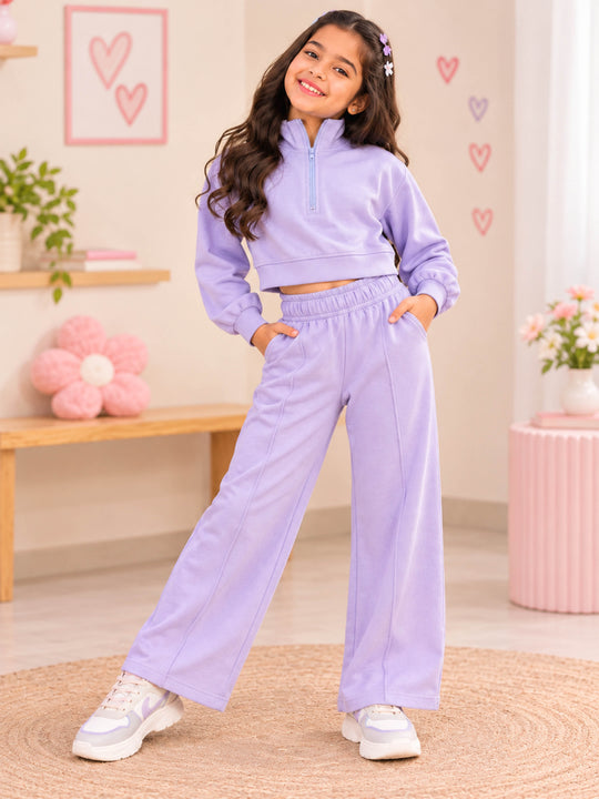 Kiddopanti Girls Cotton Blend Fleece Half Zip Crop-Length Solid Sweatshirt & Pintuck Wide Leg Track Pants Co-ord Set
