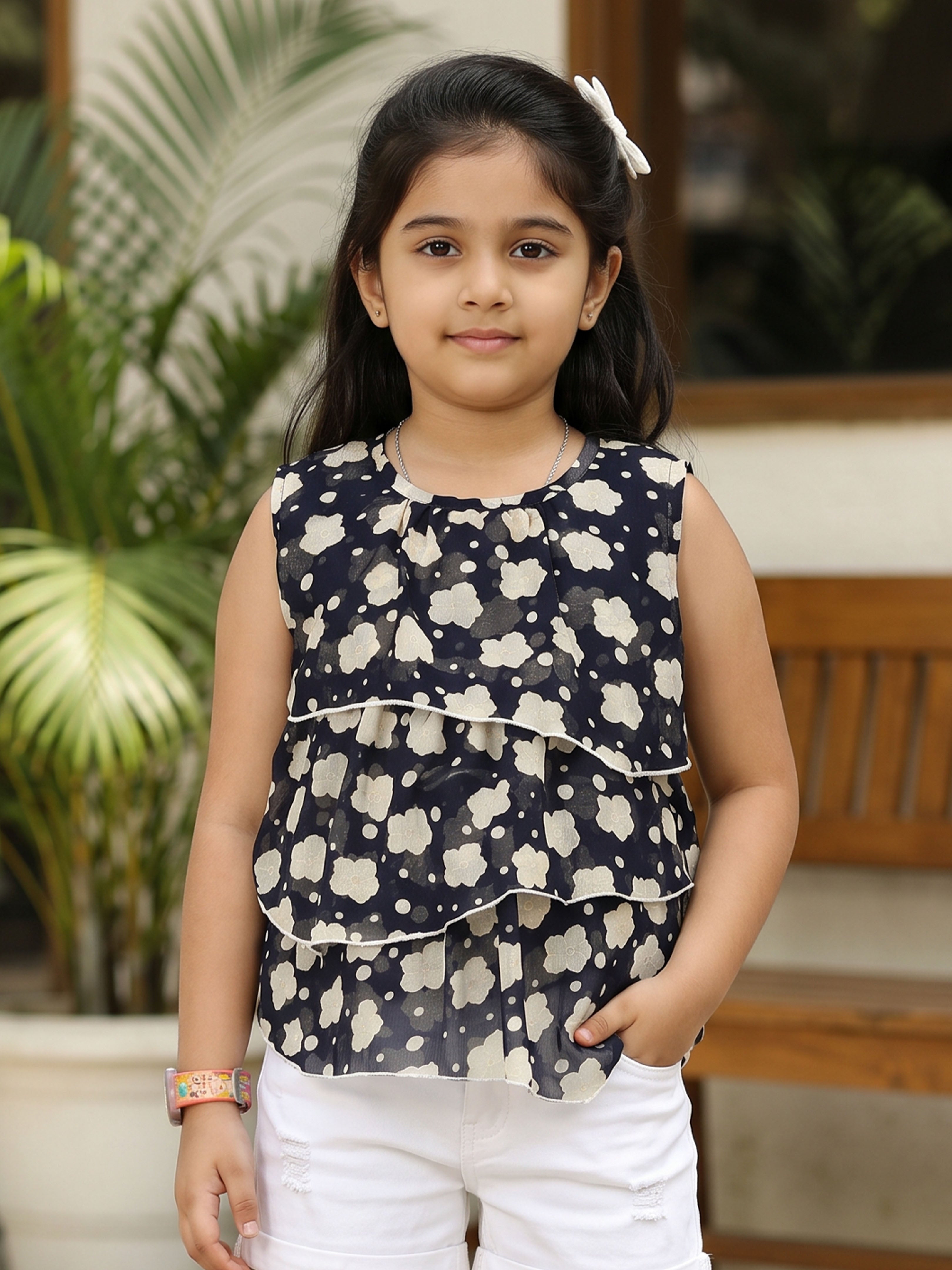 Kiddopanti Girls Georgette Woven Sleeveless Floral Printed Layered Top