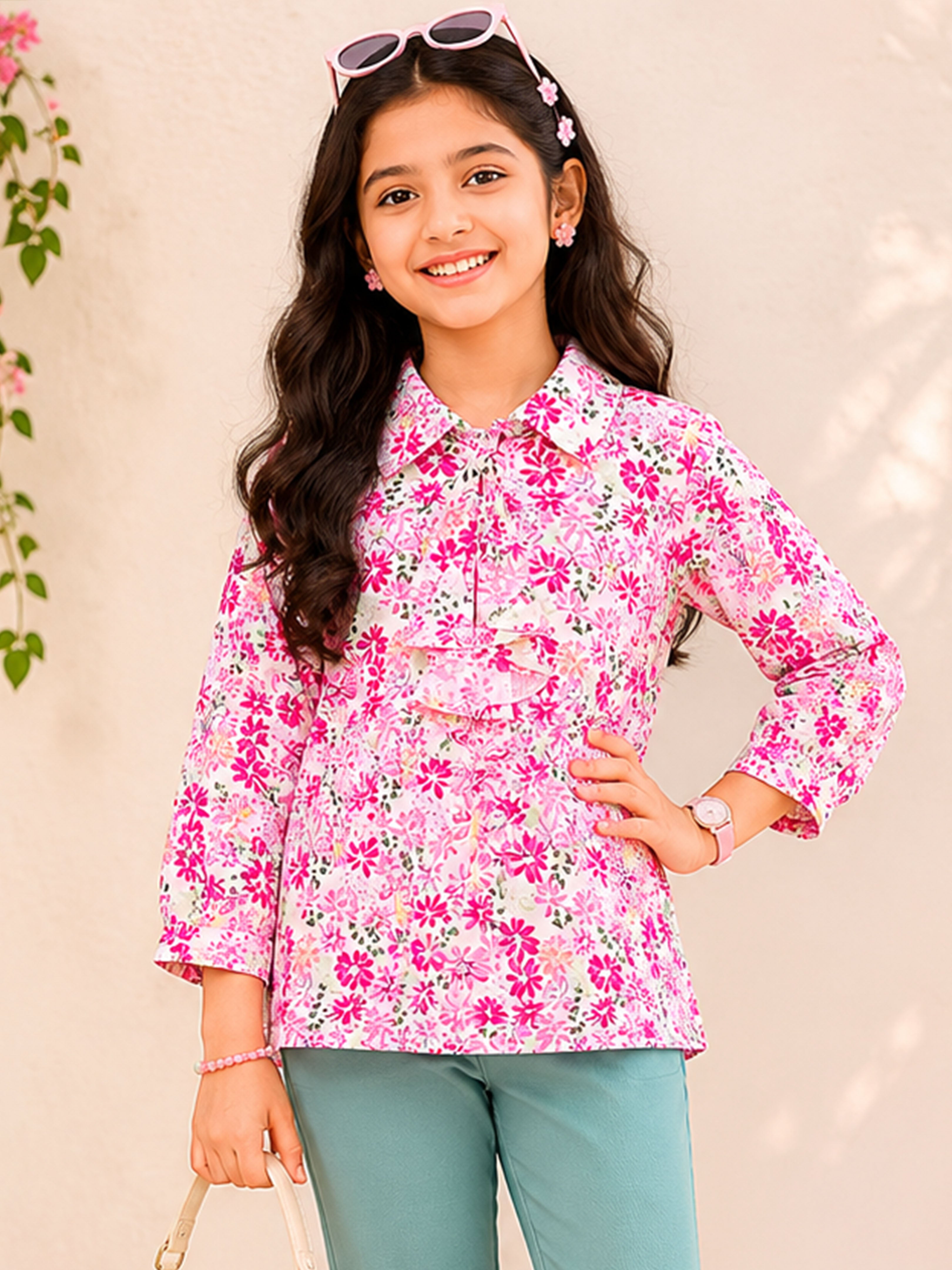 Kiddopanti Girls Georgette Woven Full Sleeves Floral Printed Collar Neck Top