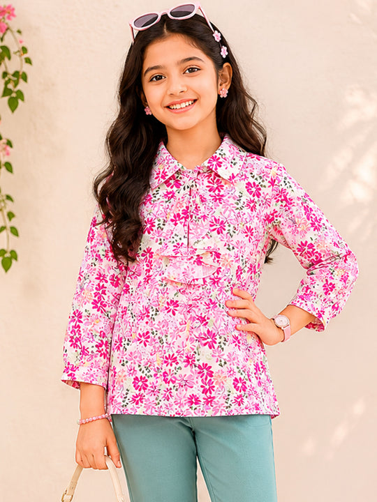 Kiddopanti Girls Georgette Woven Full Sleeves Floral Printed Collar Neck Top