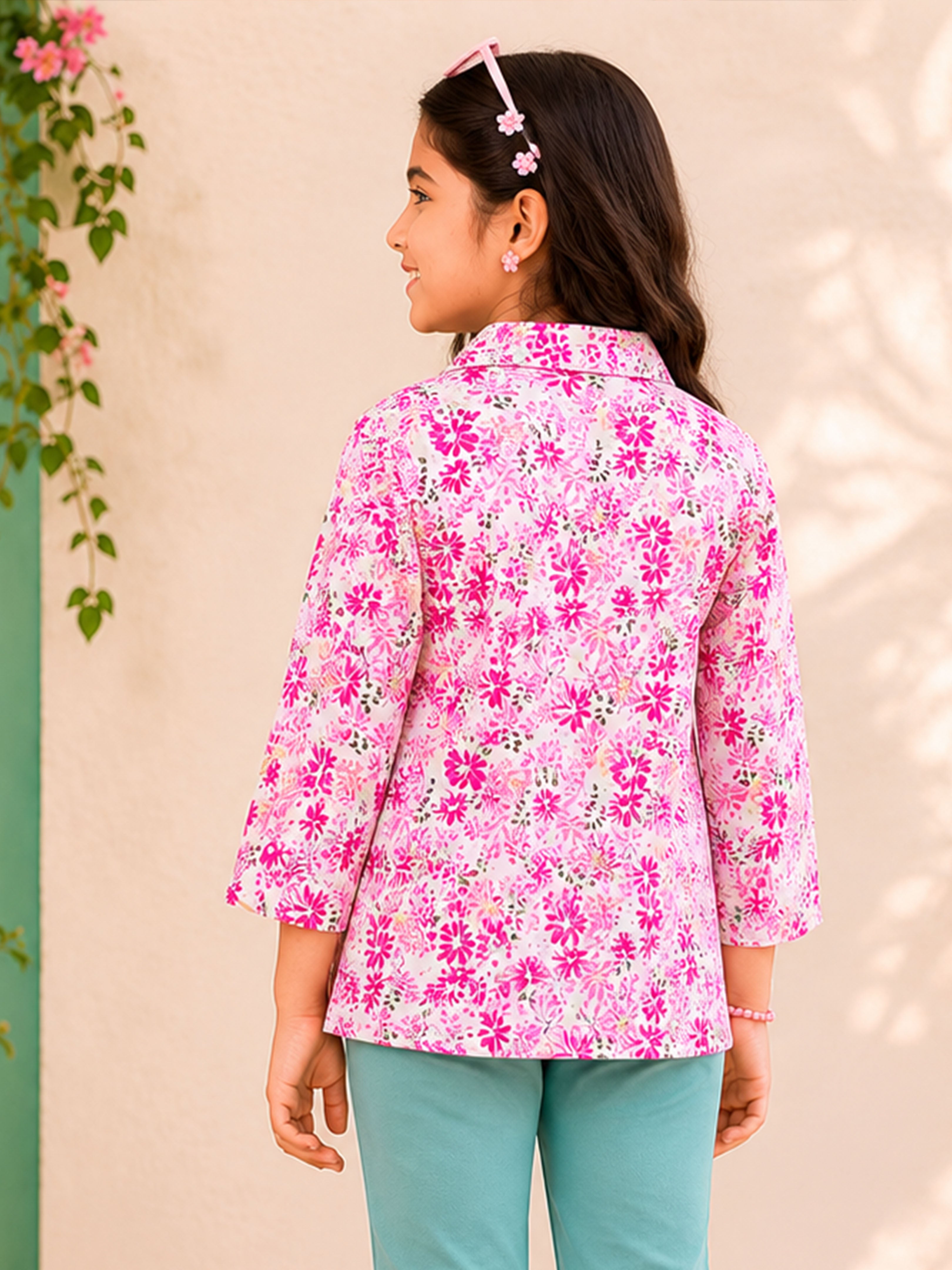 Kiddopanti Girls Georgette Woven Full Sleeves Floral Printed Collar Neck Top