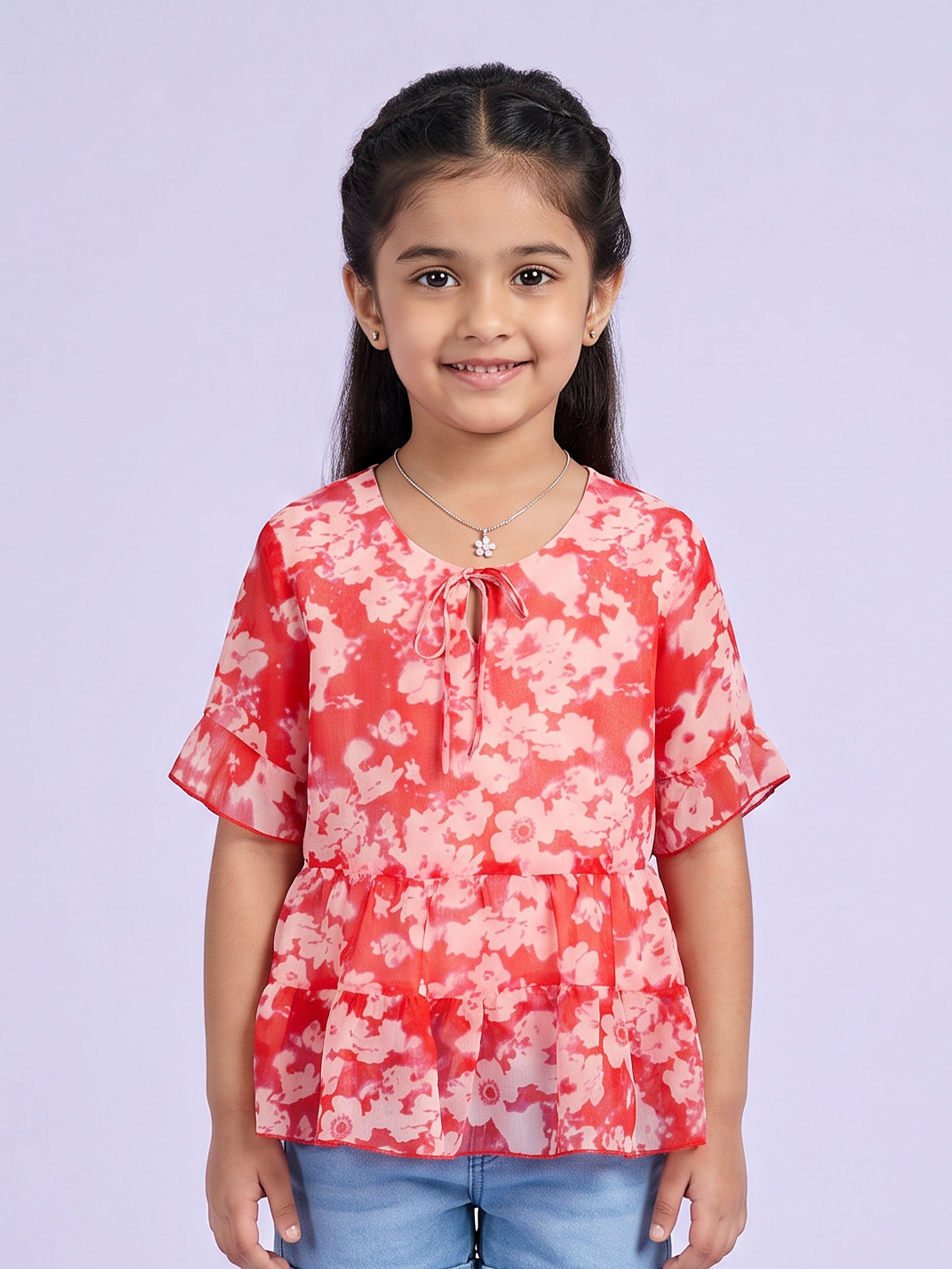 Kiddopanti Girls Georgette Woven Half Sleeves Printed Tie Up Tiered Top