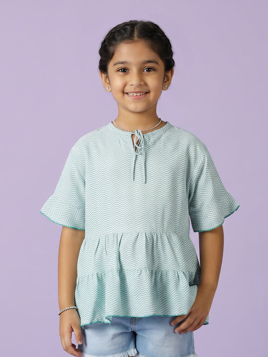 Kiddopanti Girls Georgette Woven Half Sleeves Printed Tie Up Tiered Top