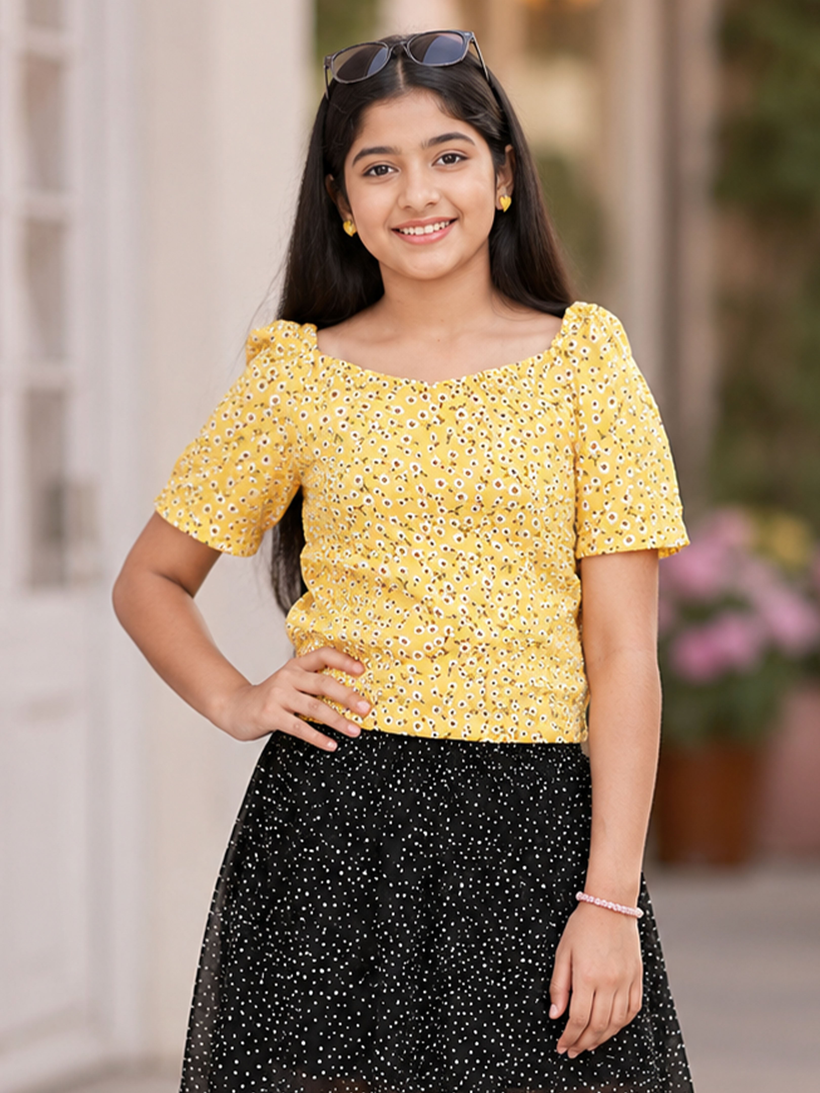 Kiddopanti Girls Georgette Woven Ruched Sleeve Floral Printed Short Top