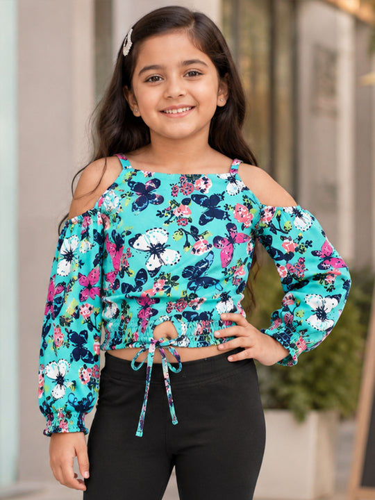 Kiddopanti Girls Georgette Woven Strappy Cold Shoulder Sleeles Floral Printed Top