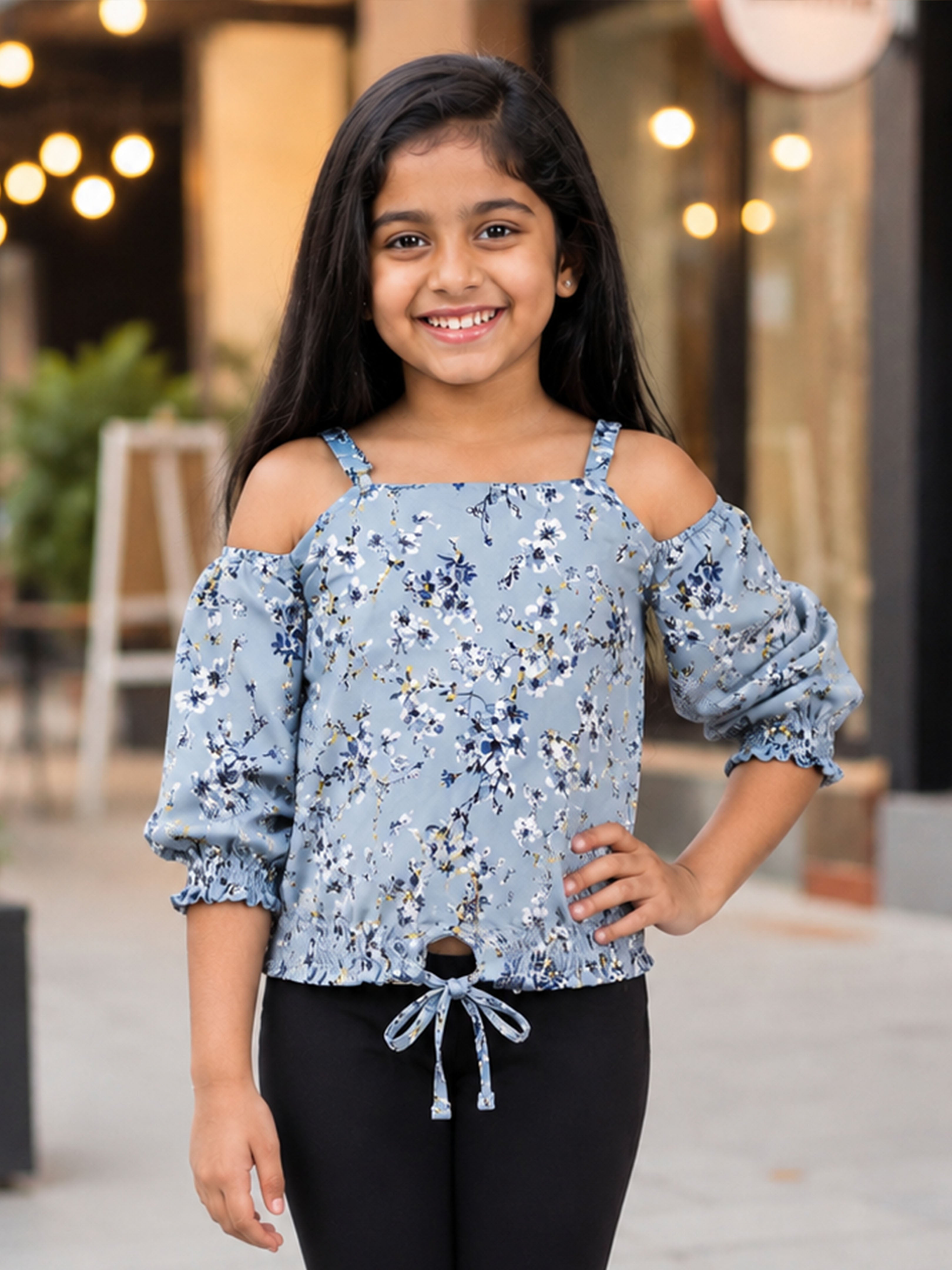 Kiddopanti Girls Georgette Woven Strappy Cold Shoulder Sleeles Floral Printed Top