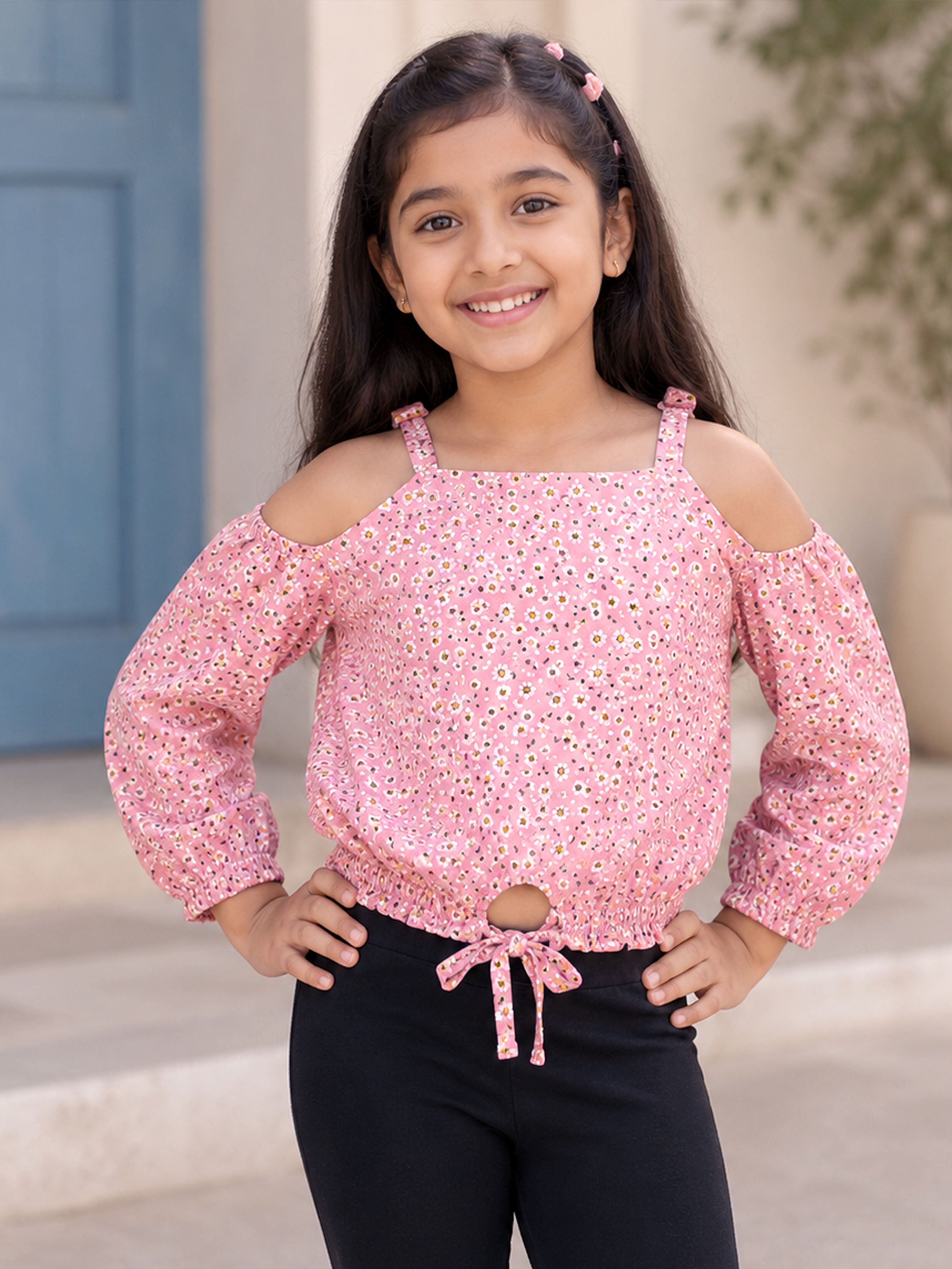Kiddopanti Girls Georgette Woven Strappy Cold Shoulder Sleeles Floral Printed Top