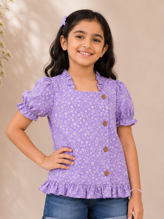 Kiddopanti Girls Rayon Woven Puff Sleeve Floral Printed Short Top