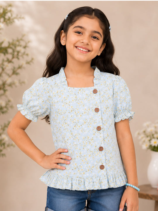 Kiddopanti Girls Rayon Woven Puff Sleeve Floral Printed Short Top