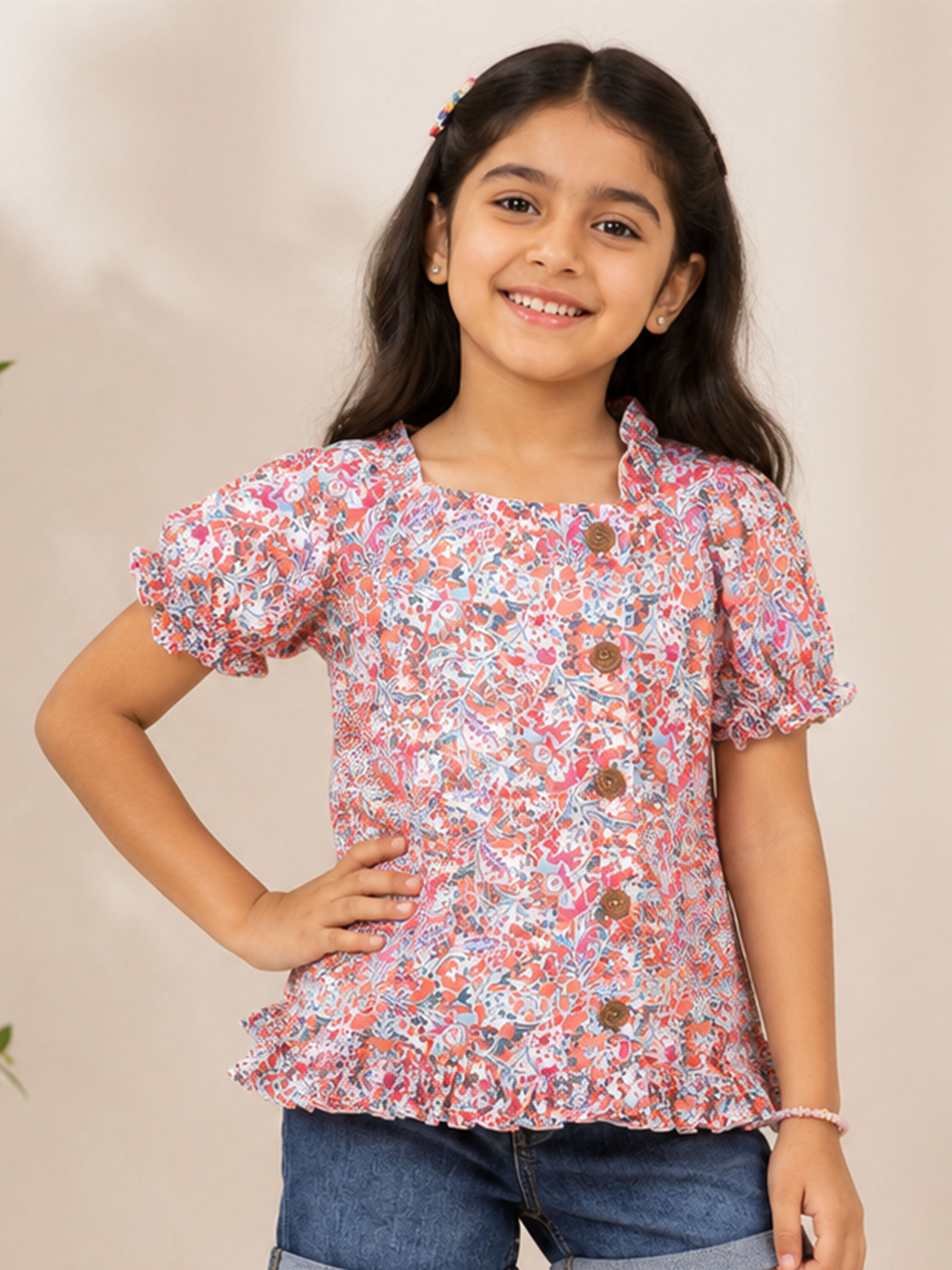 Kiddopanti Girls Rayon Woven Puff Sleeve Floral Printed Short Top