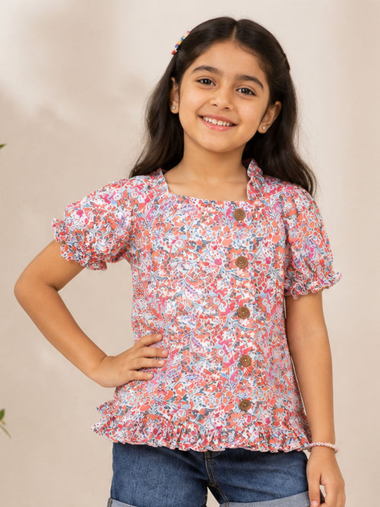 Kiddopanti Girls Rayon Woven Puff Sleeve Floral Printed Short Top