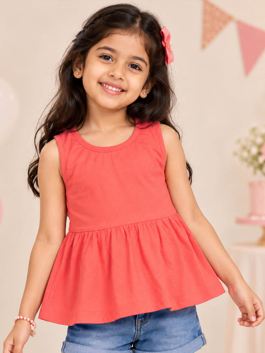 Kiddopanti Girls Cotton Knit Sleeveless Solid Peplum Top