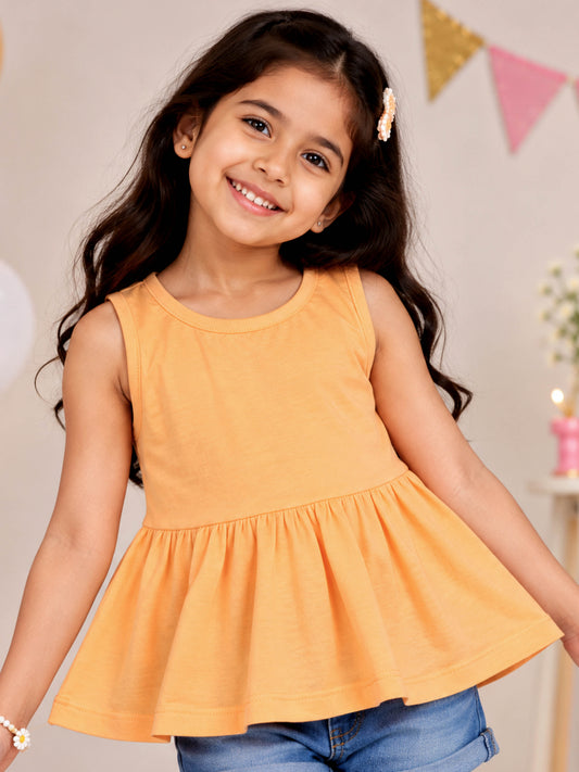 Kiddopanti Girls Cotton Knit Sleeveless Solid Peplum Top