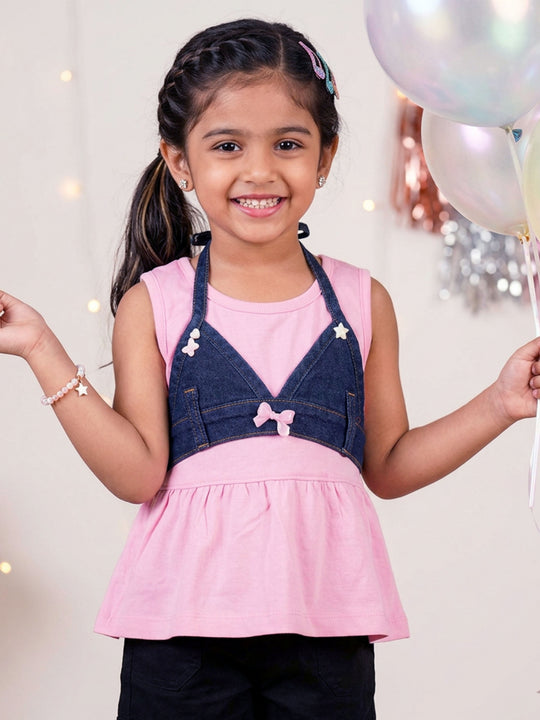 Kiddopanti Girls Sleeveless Peplum Top with Denim Halter Overlay Set