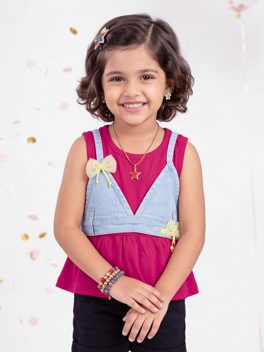 Kiddopanti Girls Sleeveless Peplum Top with Denim Halter Overlay Set