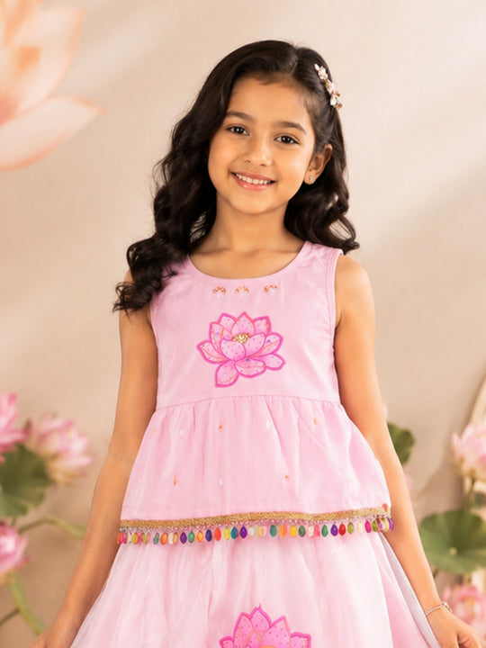 Kiddopanti Girls Sleeveless Peplum Top with Lotus Print & Embellishment