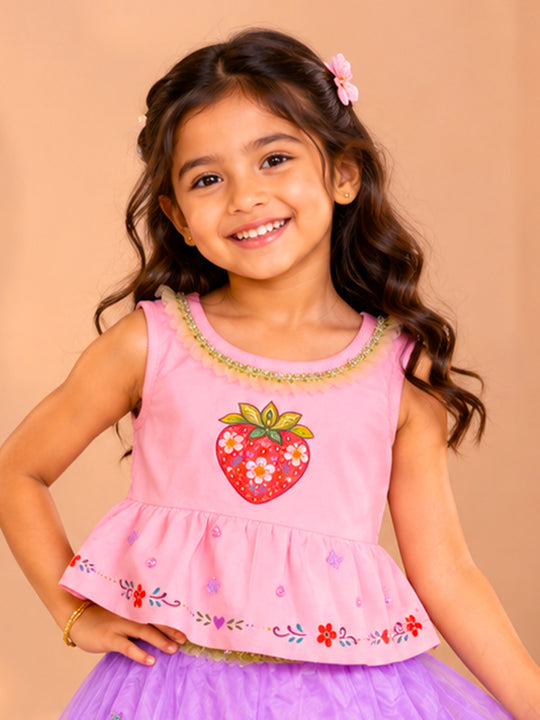 Kiddopanti Girls Cotton Knit Ethnic Printed Sleeveless Peplum Top