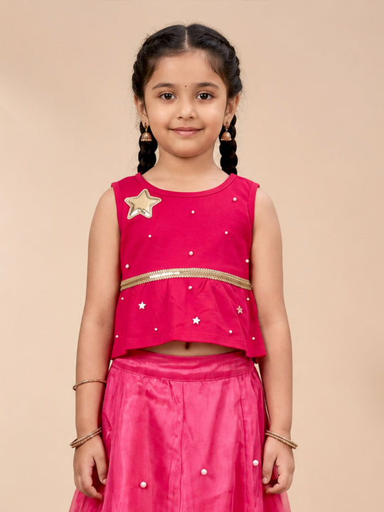Kiddopanti Girls Cotton Knit Sleeveless Peplum Applique Detailed Top