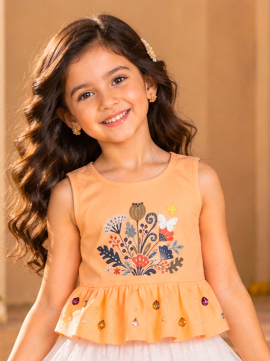 Kiddopanti Girls Cotton Knit Ethnic Printed Sleeveless Peplum Top