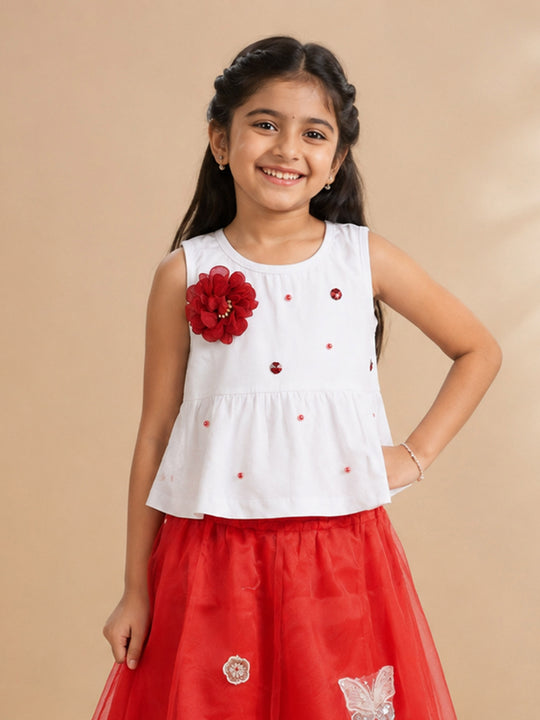 Kiddopanti Girls Cotton Knit Sleeveless Peplum Applique Detailed Top
