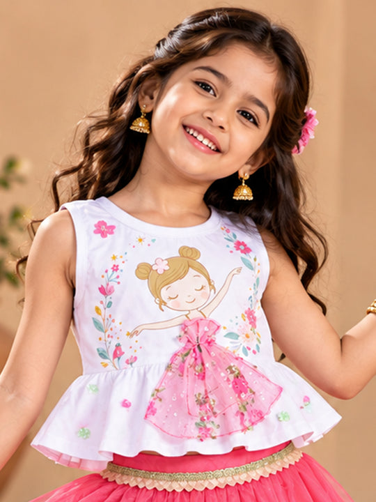 Kiddopanti Girls Cotton Knit Ethnic Printed Sleeveless Peplum Top