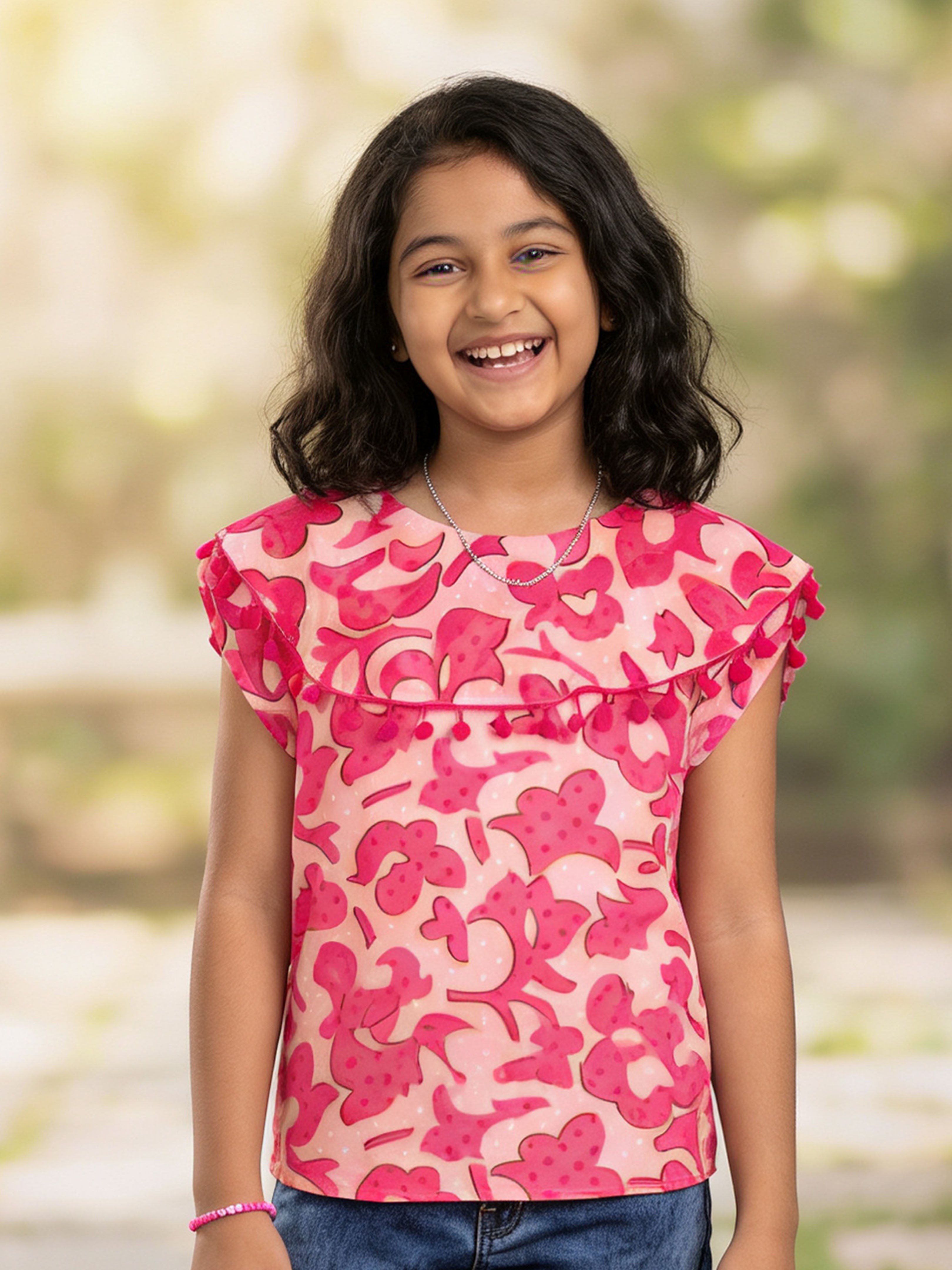 Kiddopanti Girls Georgette Woven Sleeveless Floral Printed Pom Pom Lace Top