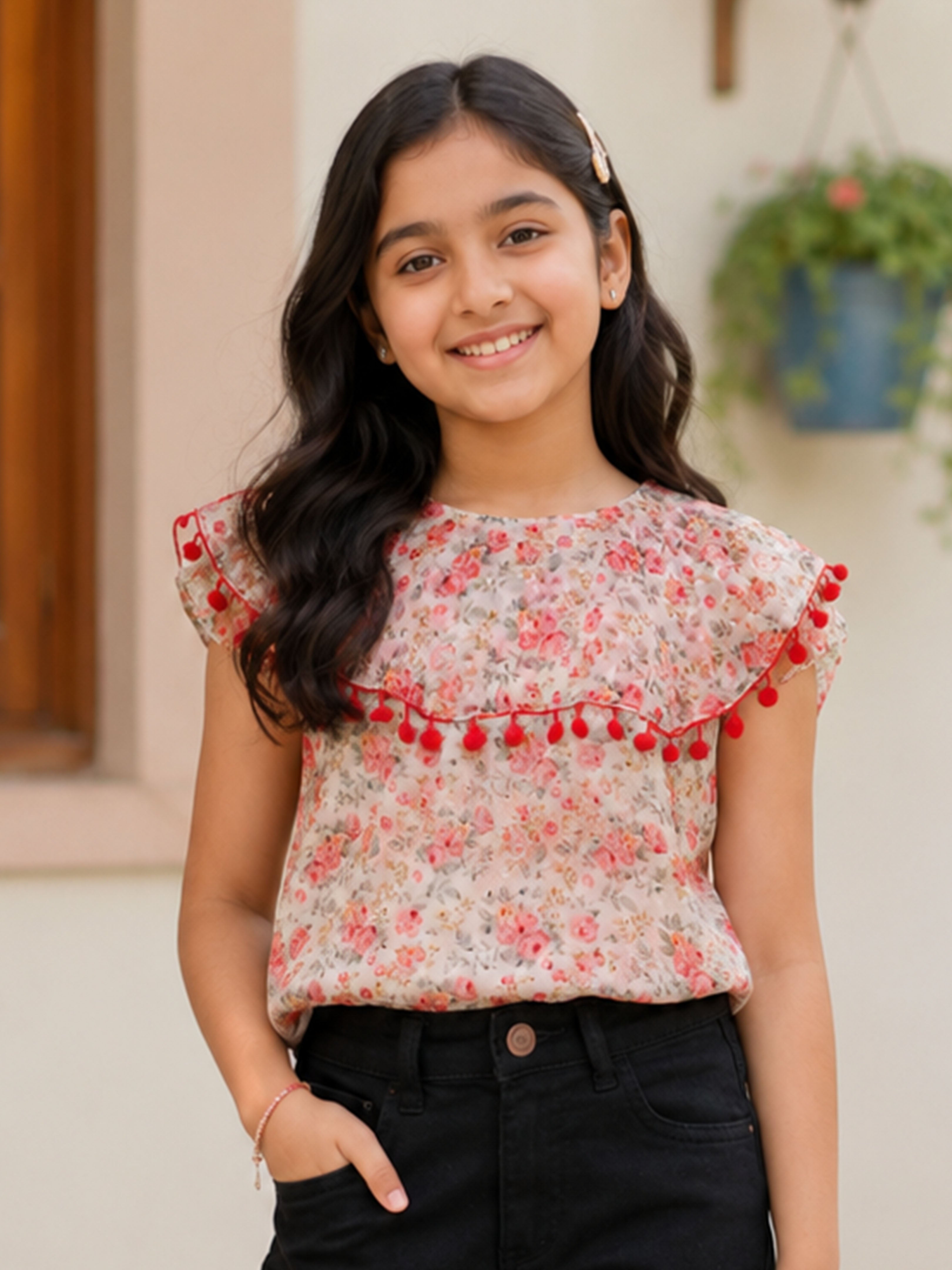 Kiddopanti Girls Georgette Woven Sleeveless Floral Printed Pom Pom Lace Top