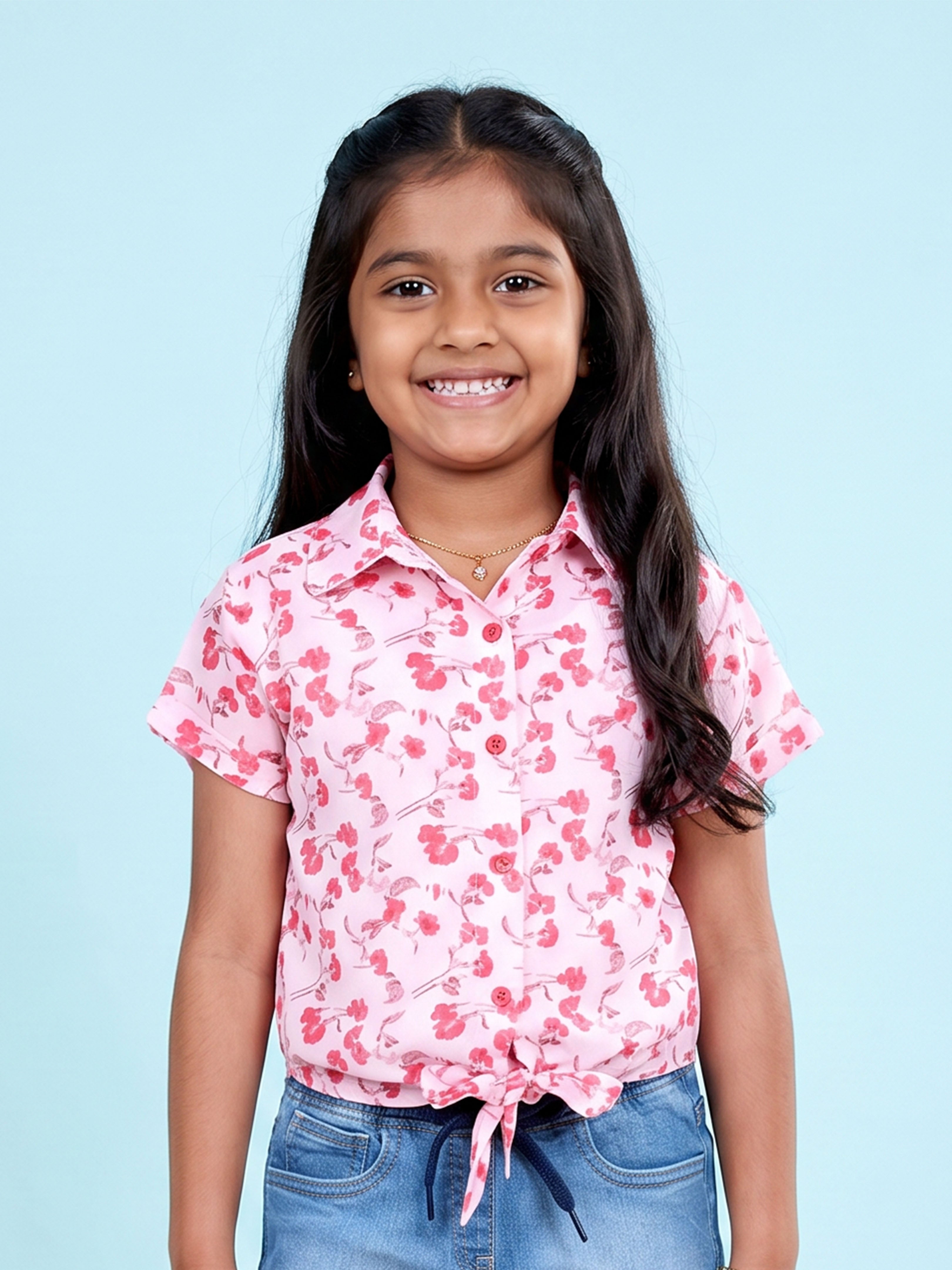 Kiddopanti Girls Georgette Woven Half Sleeves Floral Printed Tie Up Regular Fit Top