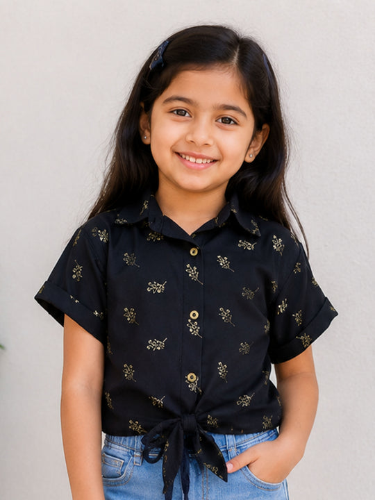 Kiddopanti Girls Georgette Woven Half Sleeves Floral Printed Tie Up Regular Fit Top