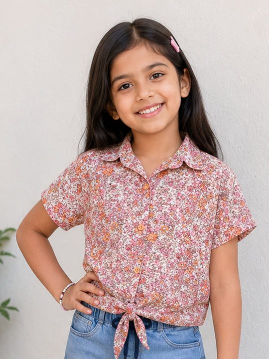 Kiddopanti Girls Georgette Woven Half Sleeves Floral Printed Tie Up Regular Fit Top