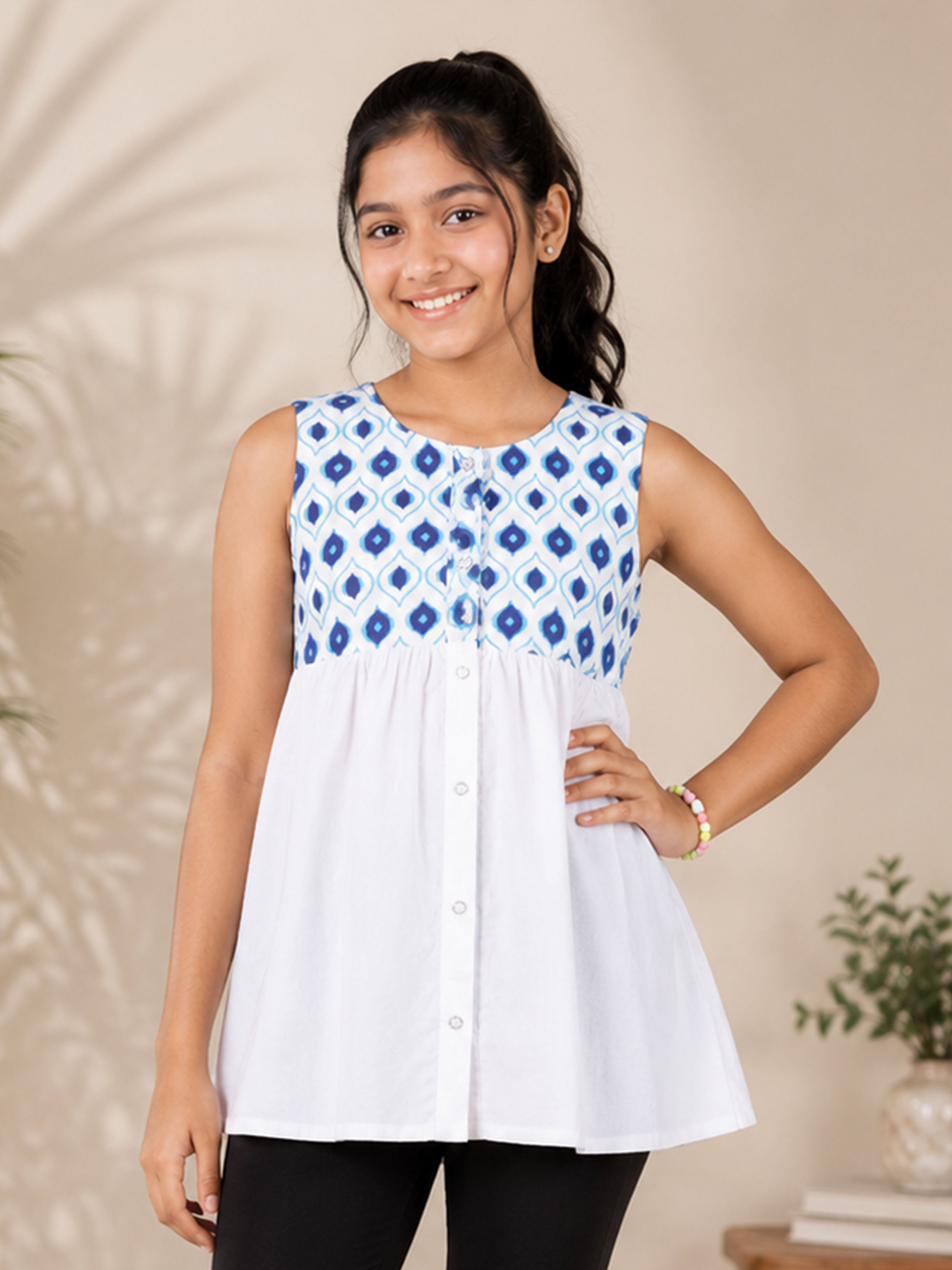 Kiddopanti Girls Cotton Woven Sleeveless Reversible Geometric Printed Top