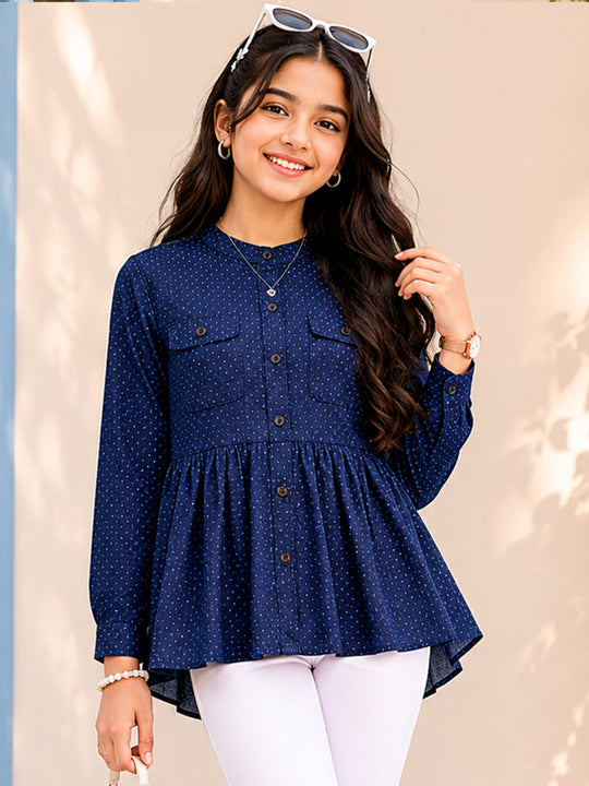 Kiddopanti Girls Cotton Woven Full Sleeves Dobby Top With Pleated Bottom