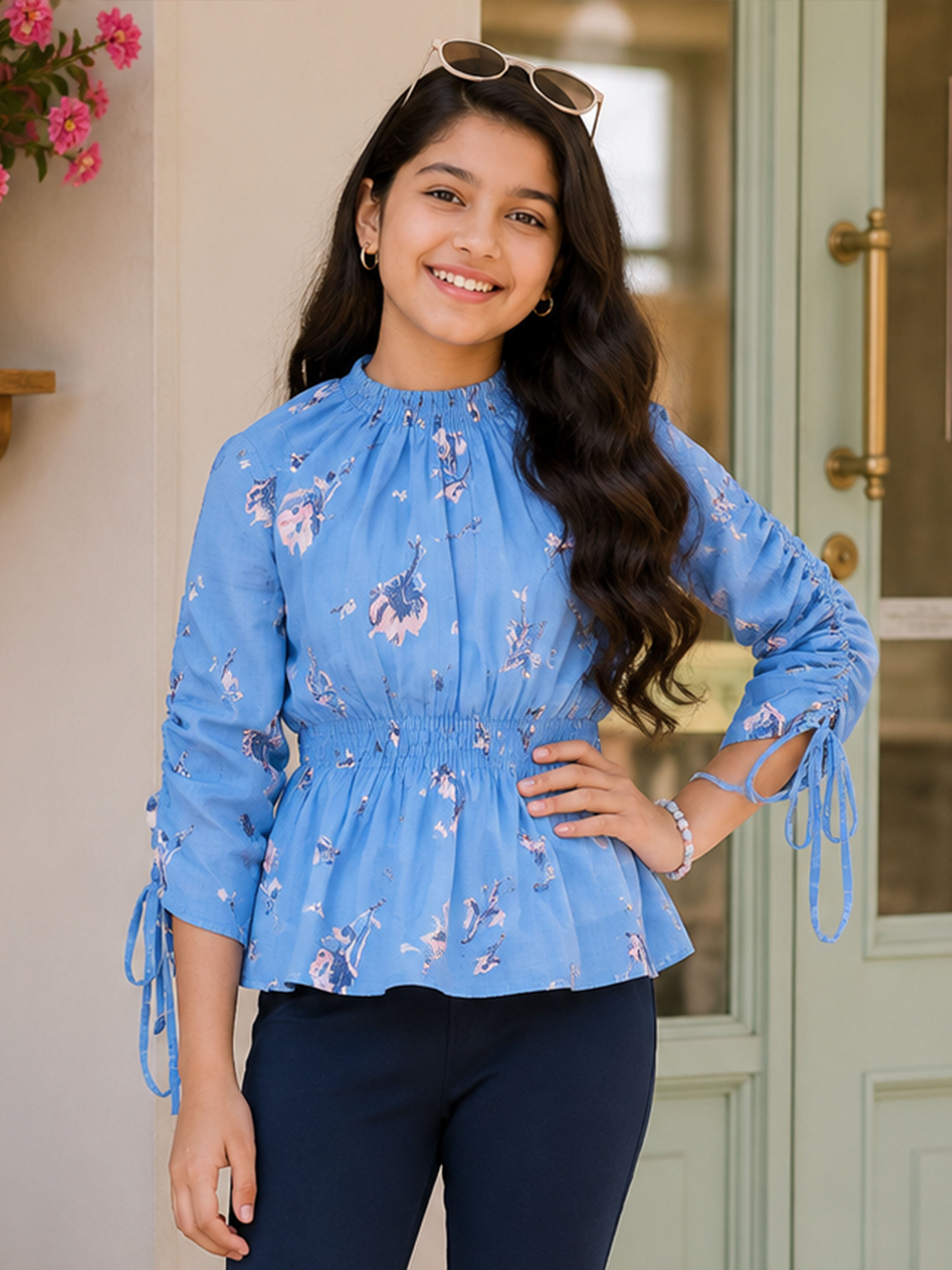 Kiddopanti Girls Georgette Woven Full Sleeves Geathered With Smocking Waist Top