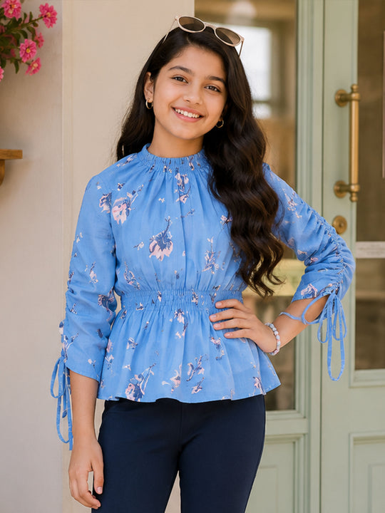 Kiddopanti Girls Georgette Woven Full Sleeves Geathered With Smocking Waist Top