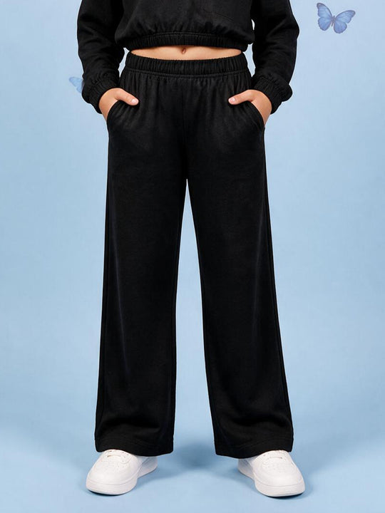 Kiddopanti Girls Cotton Blend Fleece Solid Wide Leg Track Pants with Pintuck Detail