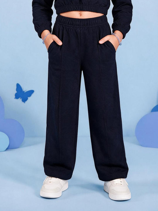 Kiddopanti Girls Cotton Blend Fleece Solid Wide Leg Track Pants with Pintuck Detail