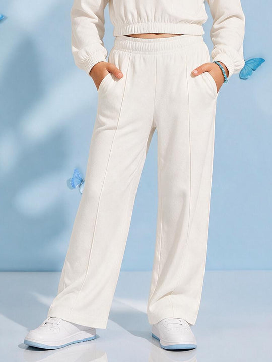 Kiddopanti Girls Cotton Blend Fleece Solid Wide Leg Track Pants with Pintuck Detail