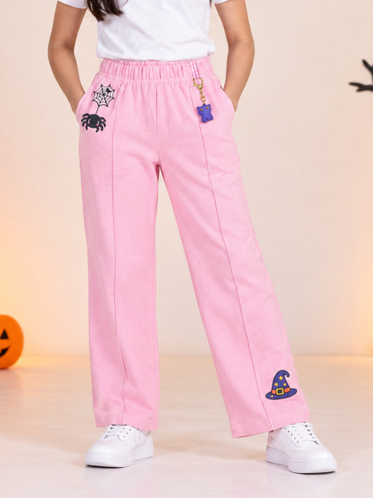 Kiddopanti Girls Cotton Blend Fleece Halloween Graphic Wide Leg Track Pants with Pintuck Detail