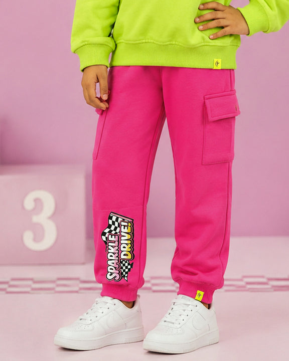 Kiddopanti Girls Cotton Fleece Graphic Printed Cargo Joggers