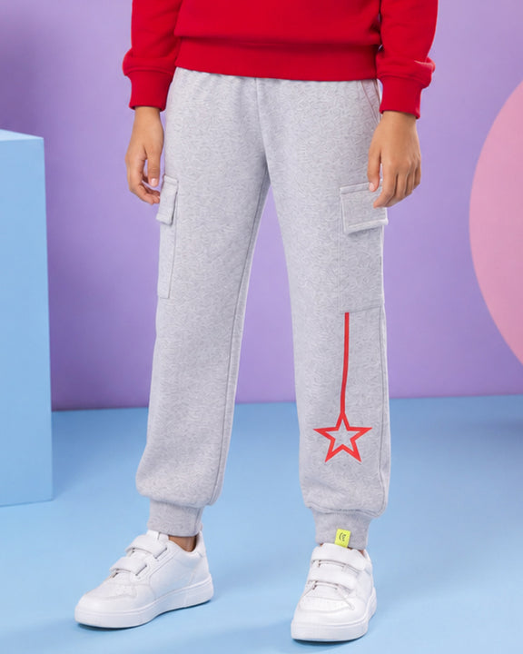 Kiddopanti Girls Cotton Fleece Graphic Printed Cargo Joggers