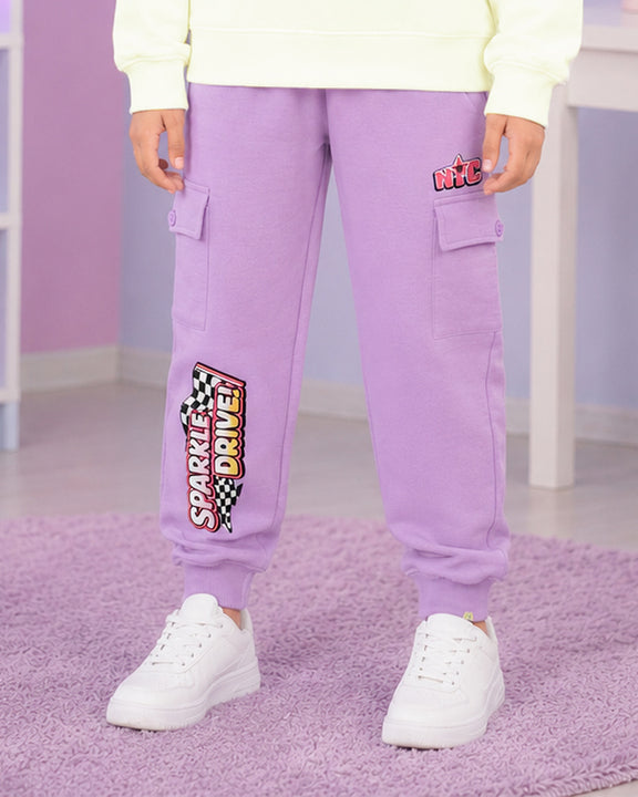Kiddopanti Girls Cotton Fleece Graphic Printed Cargo Joggers